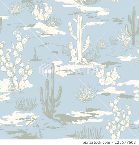 Seamless Pattern of Desert Landscape with Cacti and Vegetation. Wild West Surface Poster Design for All Fabrics and Prints. Background Wallpaper featuring Arizona vector artwork. 125577608