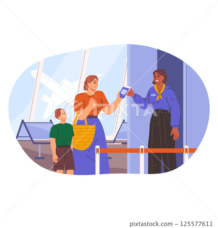 Mother and child at airport ticket control. Vector passengers at document verification terminal. Travel or journey procedure and boarding process at registration desk. Air transport. Inspection. 125577611