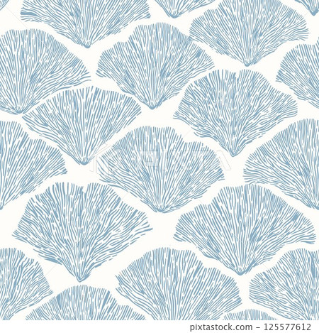 Vintage Style Elegant Floral Art Deco Seamless Fan vector Pattern in Blue Color - Texture Featuring Shells and Marine Elements 125577612