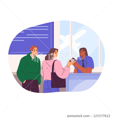 Airport passport control or queue at document check. Vector people at identification verification during boarding process. Registration desk at air transportation. Authorization, security gate. Travel 125577622
