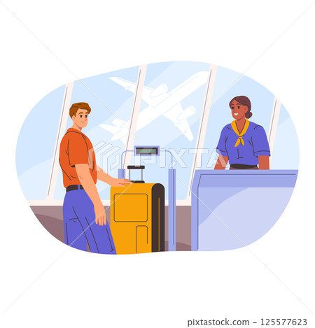 Airport inspection of hand baggage or cabin luggage. Vector people at security check or screening procedure, checking process. Flight travel or airline carry-on safety procedure. Aviation journey. Airport inspection of hand baggage or cabin luggage. Vector people at security check or screening procedure, checking process. Flight travel or airline carry-on safety procedure. Aviation journey. 125577623