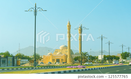 Kalba Mosque Between Dry Mountains in Kalba, Sharjah, United Arab Emirates 125577765