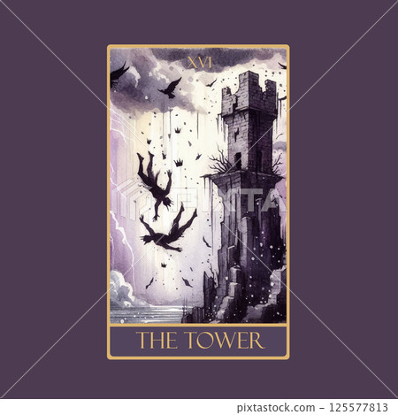 A watercolor Tarot card 'The Tower'.Tarot card colorful deck. Major arcana set part . Vector hand drawn engraved style. Occult and alchemy symbolism. A watercolor Tarot card 'The Tower'.Tarot card colorful deck. Major arcana set part . Vector hand drawn engraved style. Occult and alchemy symbolism. 125577813
