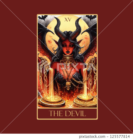 A watercolor Tarot card 'The Devil'.Tarot card colorful deck. Major arcana set part . Vector hand drawn engraved style. Occult and alchemy symbolism. A watercolor Tarot card 'The Devil'.Tarot card colorful deck. Major arcana set part . Vector hand drawn engraved style. Occult and alchemy symbolism. 125577814