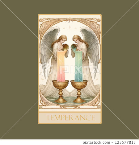 A watercolor Tarot card 'Temperance'.Tarot card colorful deck. Major arcana set part . Vector hand drawn engraved style. Occult and alchemy symbolism. A watercolor Tarot card 'Temperance'.Tarot card colorful deck. Major arcana set part . Vector hand drawn engraved style. Occult and alchemy symbolism. 125577815