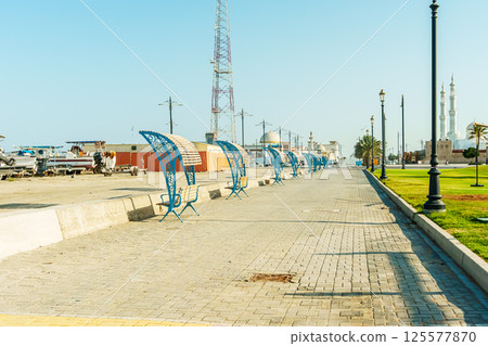 Kalba Corniche in Sharjah United Arab Emirates (UAE) on a beautiful day walking along the Gulf of Oman near the city. with beautiful yellow flowers 125577870