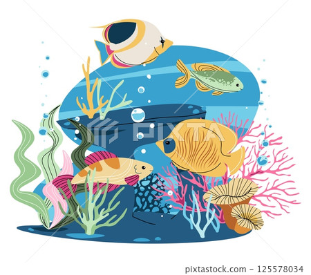 Tropical Fish and Seaweed Flat Design Isolated on White Background. Vibrant Marine Life Vector Illustration for Aquarium Posters, Kids Educational Books and Ocean Themed Decor. 125578034