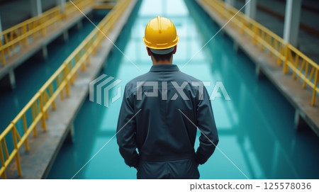 Environmental engineers work at water treatment plants, technicians and engineers cooperate. 125578036