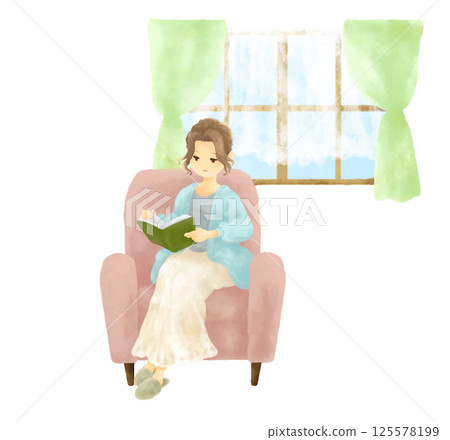 一位女士在窗邊讀書的水彩插圖 一位女士在窗邊讀書的水彩插圖 125578199