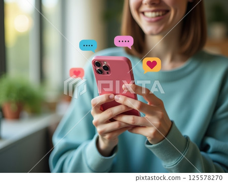 Smiling woman in blue sweater texting on pink smartphone with social media icons floating. 125578270