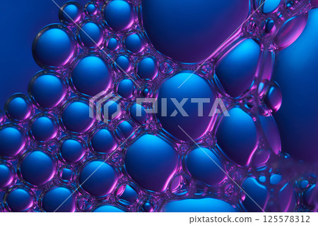 Glass spheres with transparent outer edges and dark blue molecules inside. Violet light shines on, leaving light trails on the bubbles. The spheres are placed close together, various sizes. 125578312