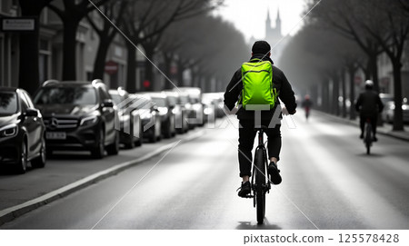 A bicyclist rides along a nearly deserted black and white street. The striking lime green backpack stands out against the muted urban landscape, creating a captivating contrast. A bicyclist rides along a nearly deserted black and white street. The striking lime green backpack stands out against the muted urban landscape, creating a captivating contrast. 125578428