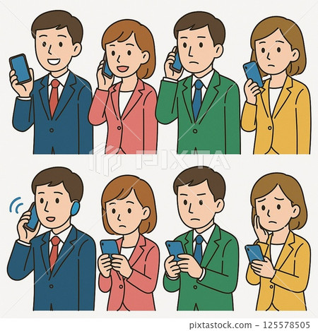 智慧型手機圖示集 |商務男性和女性的色彩變化和臉部表情插圖 125578505