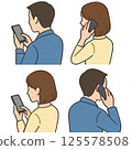 Smartphone icon set | Diagonal rear composition, smartphone operation and call scene (men and women in casual clothes) 125578508
