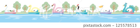 Seamless vector line illustration of swan boats with various bird motifs floating in a landscape of trees and water Seamless vector line illustration of swan boats with various bird motifs floating in a landscape of trees and water 125578513