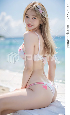 馬爾地夫海灘上微笑的女人 AI 圖片 AI 照片 AI 凹版 125578958