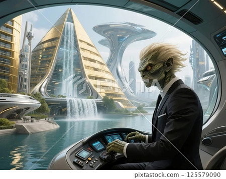 View from a reptilian spaceship of an underground resort pool 125579090