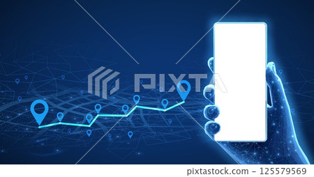 Phone mockup in hand and pins connected. Phone mobile app, gps tracker, Phone mockup in hand and pins connected. Phone mobile app, gps tracker, 125579569