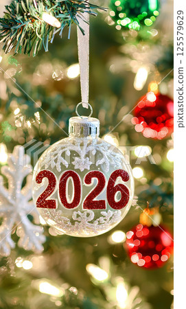 Christmas ornament featuring the year 2026 hanging on a festive tree with colorful decorations and lights, New Year holiday spirit concept. Vertical Christmas ornament featuring the year 2026 hanging on a festive tree with colorful decorations and lights, New Year holiday spirit concept. Vertical 125579629