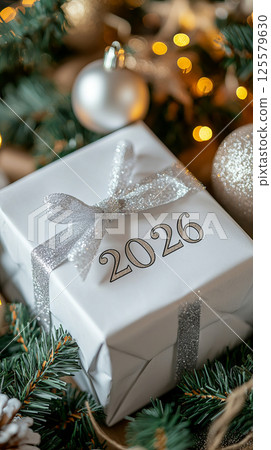 Gift wrapped in sparkling silver ribbon with 2026 design under christmas tree, concept of holiday cheer, festive celebrations, new year's eve, christmas. Vertical Gift wrapped in sparkling silver ribbon with 2026 design under christmas tree, concept of holiday cheer, festive celebrations, new year's eve, christmas. Vertical 125579630