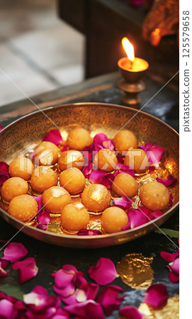 Indian Wedding Delicacies Displayed on a Beautifully Arranged Platter with Ladoo Sweets and Rose Petals. Vertical 125579658