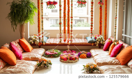 Colorful Indian wedding home decor with flower garlands, floor seating and vibrant cushions. Concept of traditional celebration, cultural event setup, festive interior, joyful ceremony space 125579666