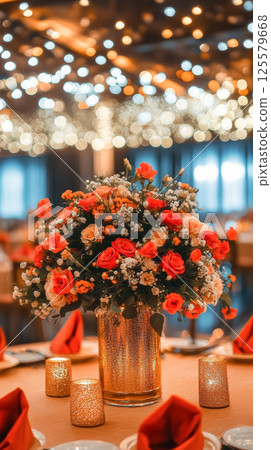 Elegant Floral Centerpiece at a Luxurious Evening Event with Romantic Lighting. Concept of Celebration, Elegance, Floral Decor, Evening Ambiance. Vertical Elegant Floral Centerpiece at a Luxurious Evening Event with Romantic Lighting. Concept of Celebration, Elegance, Floral Decor, Evening Ambiance. Vertical 125579668
