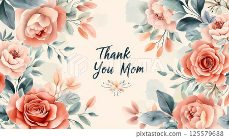 Beautiful mother's day banner with soft watercolor flowers. concept of appreciation, motherhood celebration, floral art, heartfelt gratitude message, Thank You Mom text, greeting card 125579688