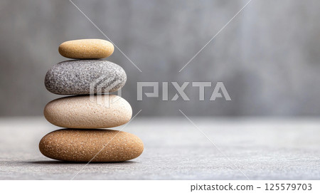 Simplicity and elegance: a collection of softly colored pebbles in a tower in natural harmony. concept of minimalist art, natural beauty, tranquil zen vibes, balance in nature, copy space Simplicity and elegance: a collection of softly colored pebbles in a tower in natural harmony. concept of minimalist art, natural beauty, tranquil zen vibes, balance in nature, copy space 125579703