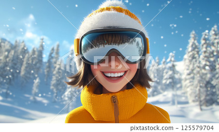 Smiling asian woman in winter goggles with snowy background in illustration. concept of winter joy, seasonal adventures, outdoor fun 125579704