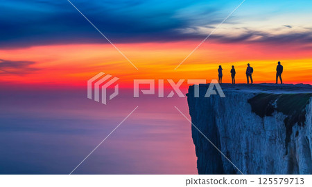 Silhouettes of people watching vibrant sunset over ocean on cliff edge. concept of natural beauty, tranquility, spectacular views 125579713