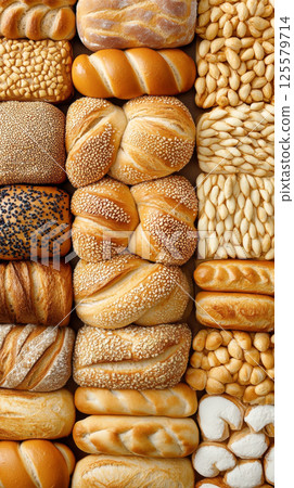 Assortment of freshly baked bread loaves in traditional bakery. concept of artisan baking, culinary craftsmanship, homemade pastries.. Vertical 125579714