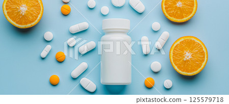 Orange vitamin pills and white bottle on blue surface with fresh citrus halves. concept of health supplements, wellness, nutrition, Wide horizontal banner, Copy space, mock up 125579718