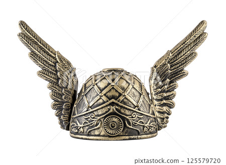Medieval knight helmet with wings isolated on white background with clipping path Medieval knight helmet with wings isolated on white background with clipping path 125579720