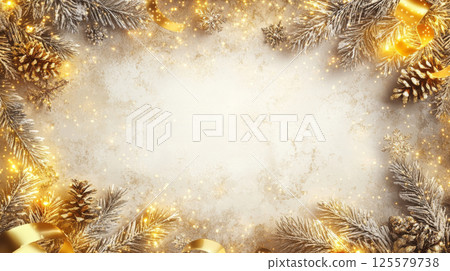 Festive Christmas winter background with golden decorations and pine cones creating a warm holiday atmosphere for celebration concept, New Year, greeting card, Copy space 125579738