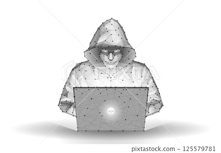 Hacker. Cyber criminal with laptop and related icons behind it. Cyber crime, hacker activity, ddos attack, digital system security, fraud money Hacker. Cyber criminal with laptop and related icons behind it. Cyber crime, hacker activity, ddos attack, digital system security, fraud money 125579781