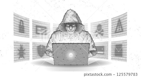 Hacker. Cyber criminal with laptop and related icons behind it. Cyber crime, hacker activity, ddos attack, digital system security, fraud money Hacker. Cyber criminal with laptop and related icons behind it. Cyber crime, hacker activity, ddos attack, digital system security, fraud money 125579783