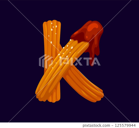 Fast food churro snack cartoon alphabet font letter K. Fastfood cafe meal font symbol, street restaurant appetizer cartoon vector English typeset letter. Takeaway snack ABC font typeset K letter Fast food churro snack cartoon alphabet font letter K. Fastfood cafe meal font symbol, street restaurant appetizer cartoon vector English typeset letter. Takeaway snack ABC font typeset K letter 125579944