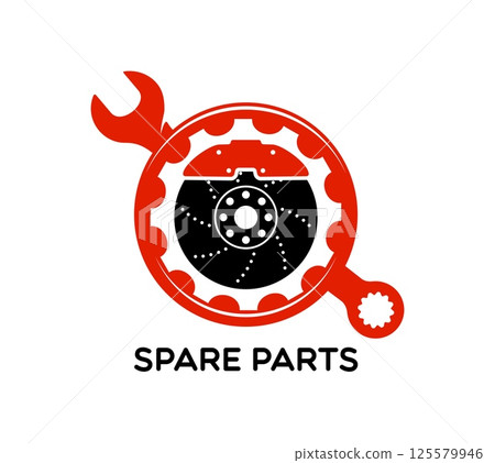 Transportation industry mechanic spare part company icon. Auto mechanic business vector emblem, transport repair service icon. Automobile garage symbol with wrench tool, braking disk and bearing 125579946