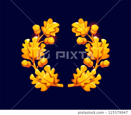 Cartoon oak wreath with golden branches, leaves and acorns. Vector game asset badge for winner award, honor prize or trophy. Champion medal and certificate heraldic golden frame with oak wreath Cartoon oak wreath with golden branches, leaves and acorns. Vector game asset badge for winner award, honor prize or trophy. Champion medal and certificate heraldic golden frame with oak wreath 125579947