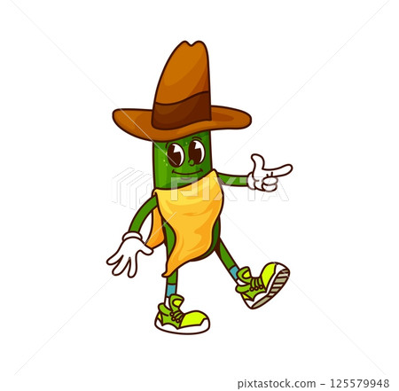 Groovy cucumber cowboy or Wild West bandit character, vector cartoon vegetable. Funny cucumber Western cowboy or Texas sheriff in sombrero hat with revolver gun finger gesture and happy smile on face 125579948