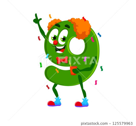 Cartoon math number and digit nine character birthday holiday celebration. Vector green 9 numeral personage in bow tie, as a joyful clown with red curly hair, holding a drink while celebrating party 125579963