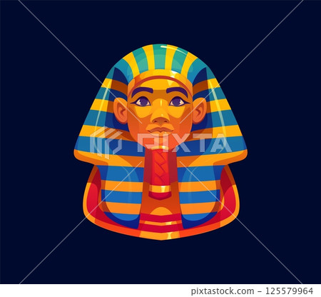 Ancient Egypt pharaoh Tutankhamen bust wearing a striped royal headdress, Egyptian game icon, treasure asset. Cartoon vector mummy game artifact, treasure hunts, or historical adventure quest gui item 125579964
