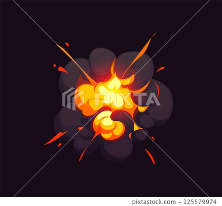 Cartoon boom cloud, bomb explosion blast effect, comic fire and smoke. Vector explode burst with swirling black smoke and bright molten flames at the core, emphasizing energy and fiery destruction Cartoon boom cloud, bomb explosion blast effect, comic fire and smoke. Vector explode burst with swirling black smoke and bright molten flames at the core, emphasizing energy and fiery destruction 125579974