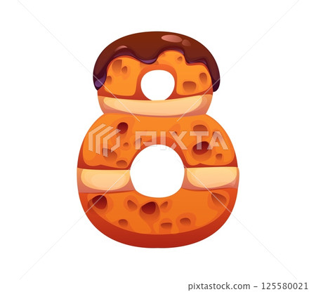 Dessert font, sweet pastry type and candy typeface for bakery and confectionery, cartoon vector. Dessert font number 8 eight as sweet cake or biscuit cookie with chocolate cream for pastry type Dessert font, sweet pastry type and candy typeface for bakery and confectionery, cartoon vector. Dessert font number 8 eight as sweet cake or biscuit cookie with chocolate cream for pastry type 125580021