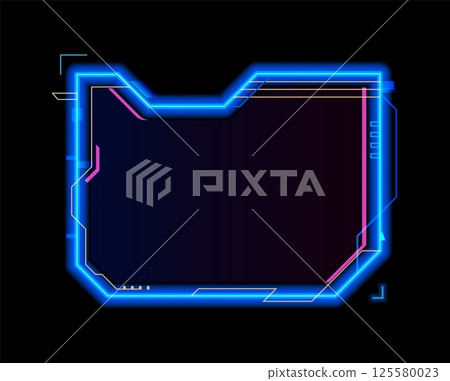 Neon game frame asset, HUD interface overlay template. Vector futuristic gaming border with glowing blue and pink edges. Digital cyberpunk interface for game streams, scifi or high tech user interface 125580023