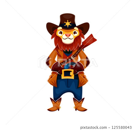 Cartoon lion Wild West cowboy or Western sheriff and ranger bandit, vector animal character. Funny lion in cowboy hat with sheriff star, rifle and revolver gun in bandoleer, Wild West animal character 125580043