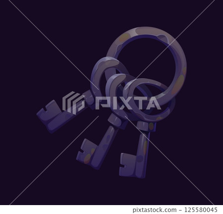 Cartoon icon set of old, rusty pirate keys hanging on a large metal ring. Vector vintage heavy iron keys evoke a sense of mystery, unlocking hidden treasure chests, ancient secrets or prison cells Cartoon icon set of old, rusty pirate keys hanging on a large metal ring. Vector vintage heavy iron keys evoke a sense of mystery, unlocking hidden treasure chests, ancient secrets or prison cells 125580045