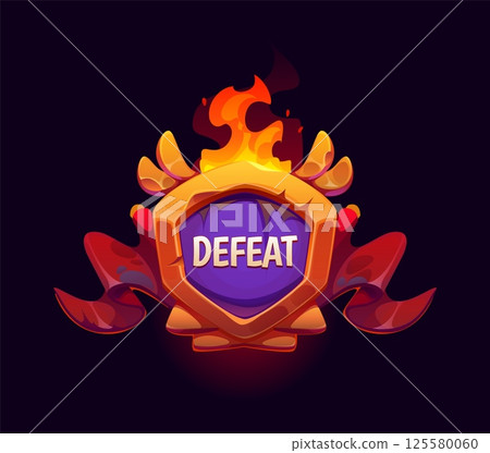 Defeat game frame icon, ui asset. Cartoon vector gui fantasy arcade final badge. Level end label, pop up videogame screen. Lose battle sign features flames, royal winged shield and rugged red banner 125580060