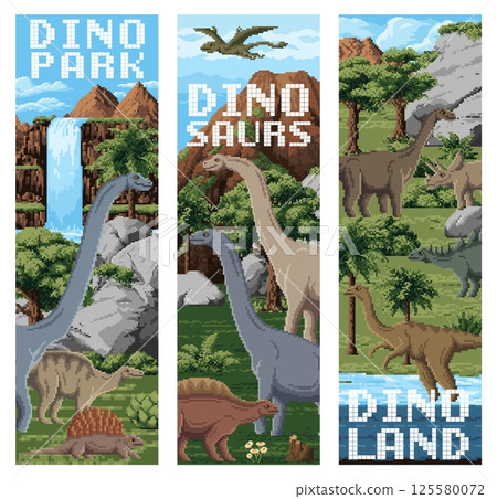 8 bit pixel art prehistoric dinosaurs and Jurassic lizards in jungle forest, vector banners. Dino park banners with cartoon 8bit pixel landscape with giant lizards, reptiles and dino characters 125580072